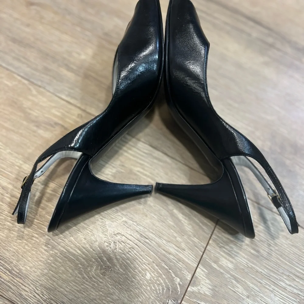 BRUNO MAGLI black leather peep toe sling shoes with gold accent on the toe - Picture 8 of 16